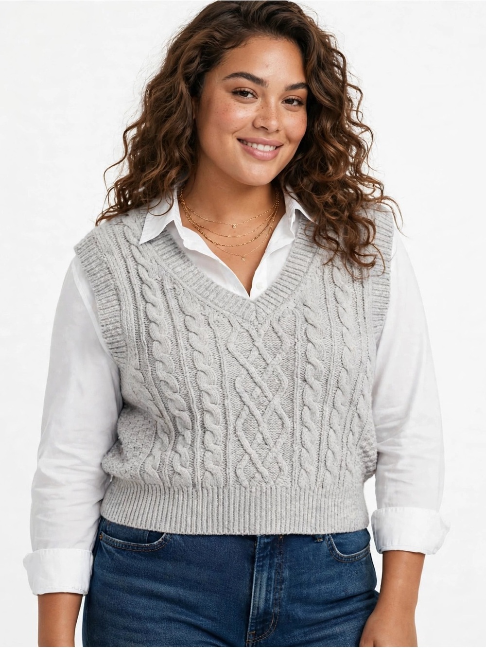Aerie Cable Knit V-Neck Sweater Vest - Light Gray Size XL